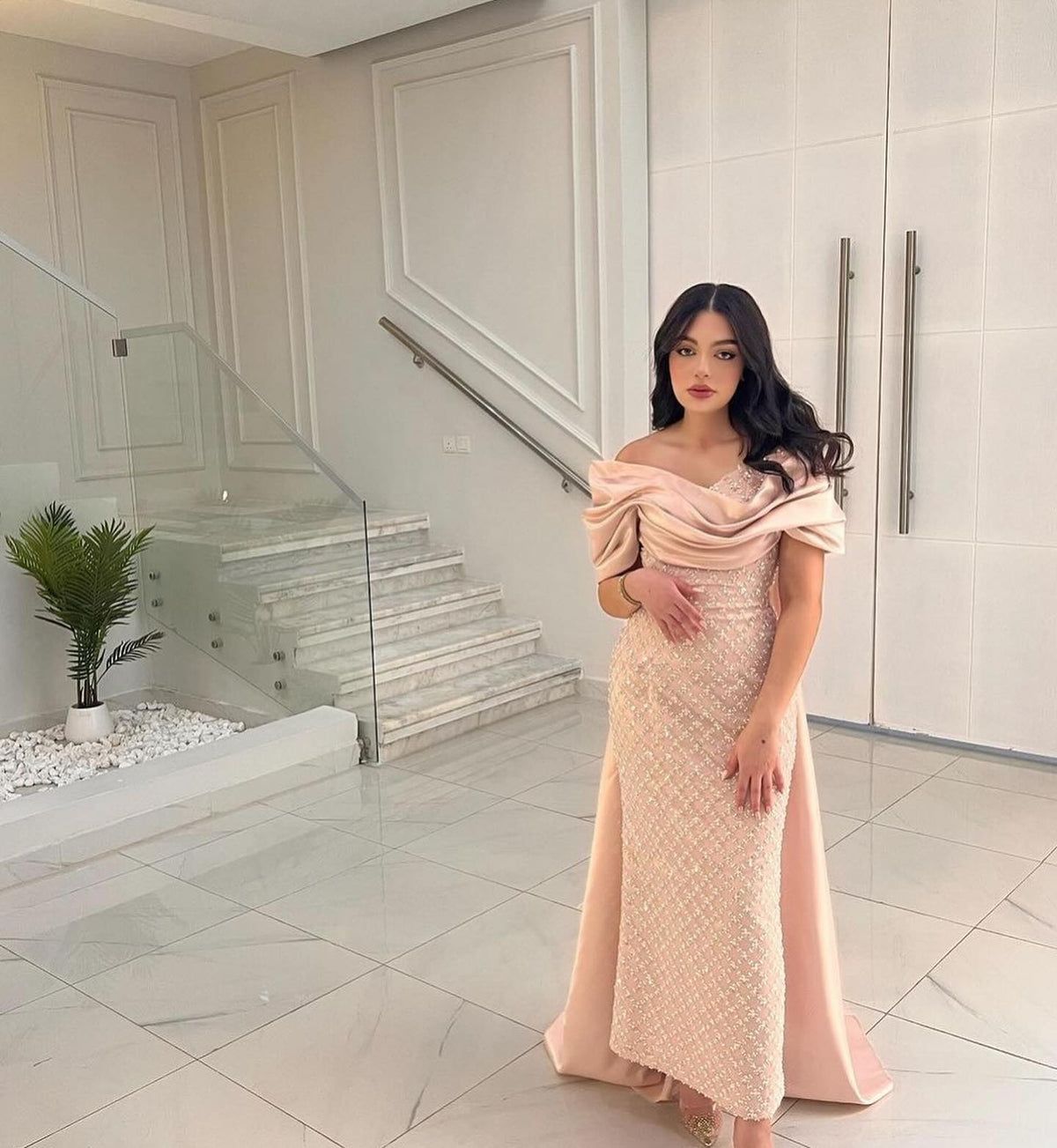 Luxury Off Shoulder Pink Evening Dress with Cape SS139