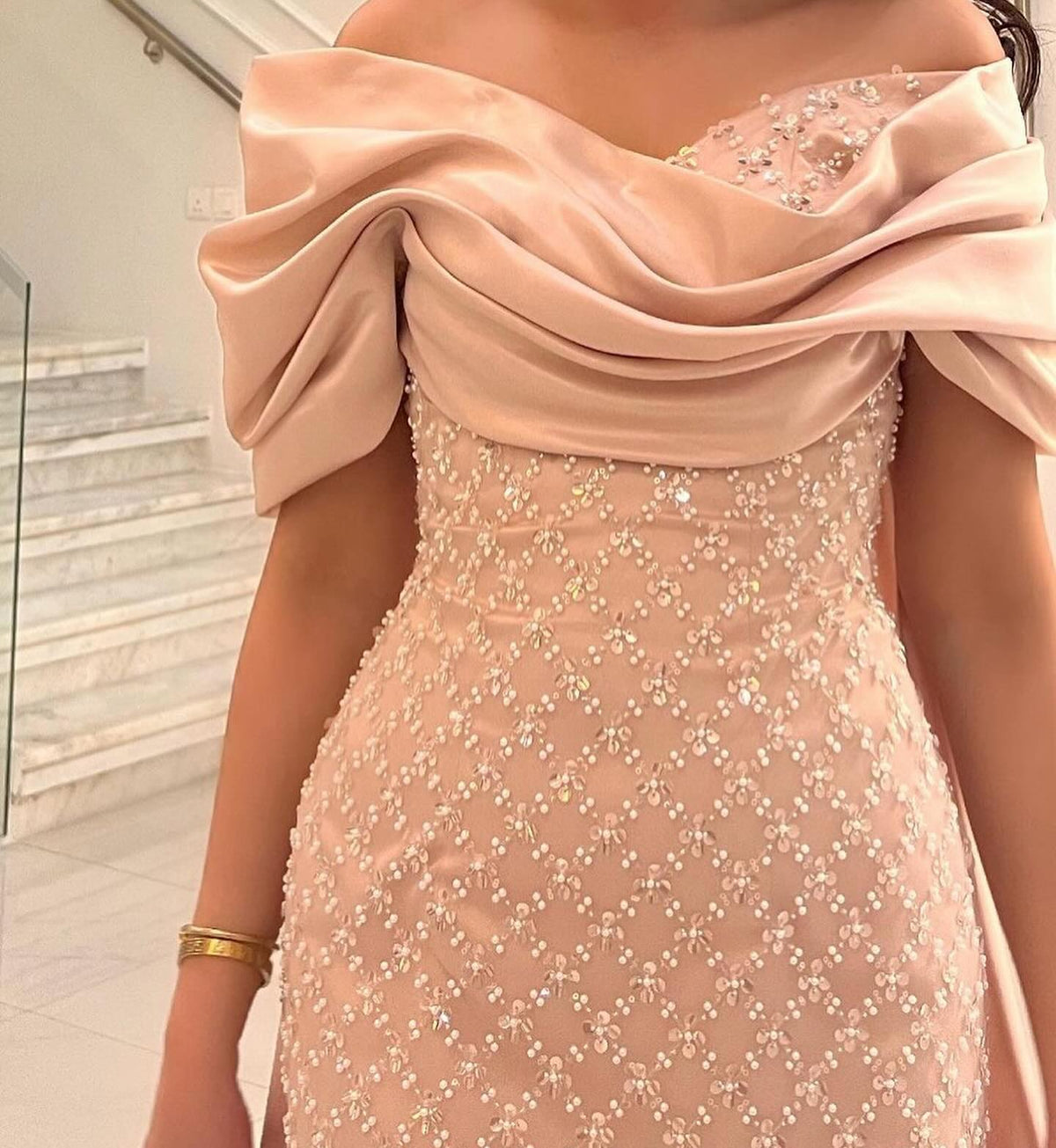 Luxury Off Shoulder Pink Evening Dress with Cape SS139