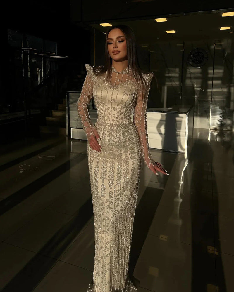 Luxury Pearls Beige Long Sleeves Arabic Evening Dresses Pink Dubai Muslim Women Wedding Party Gowns SS426