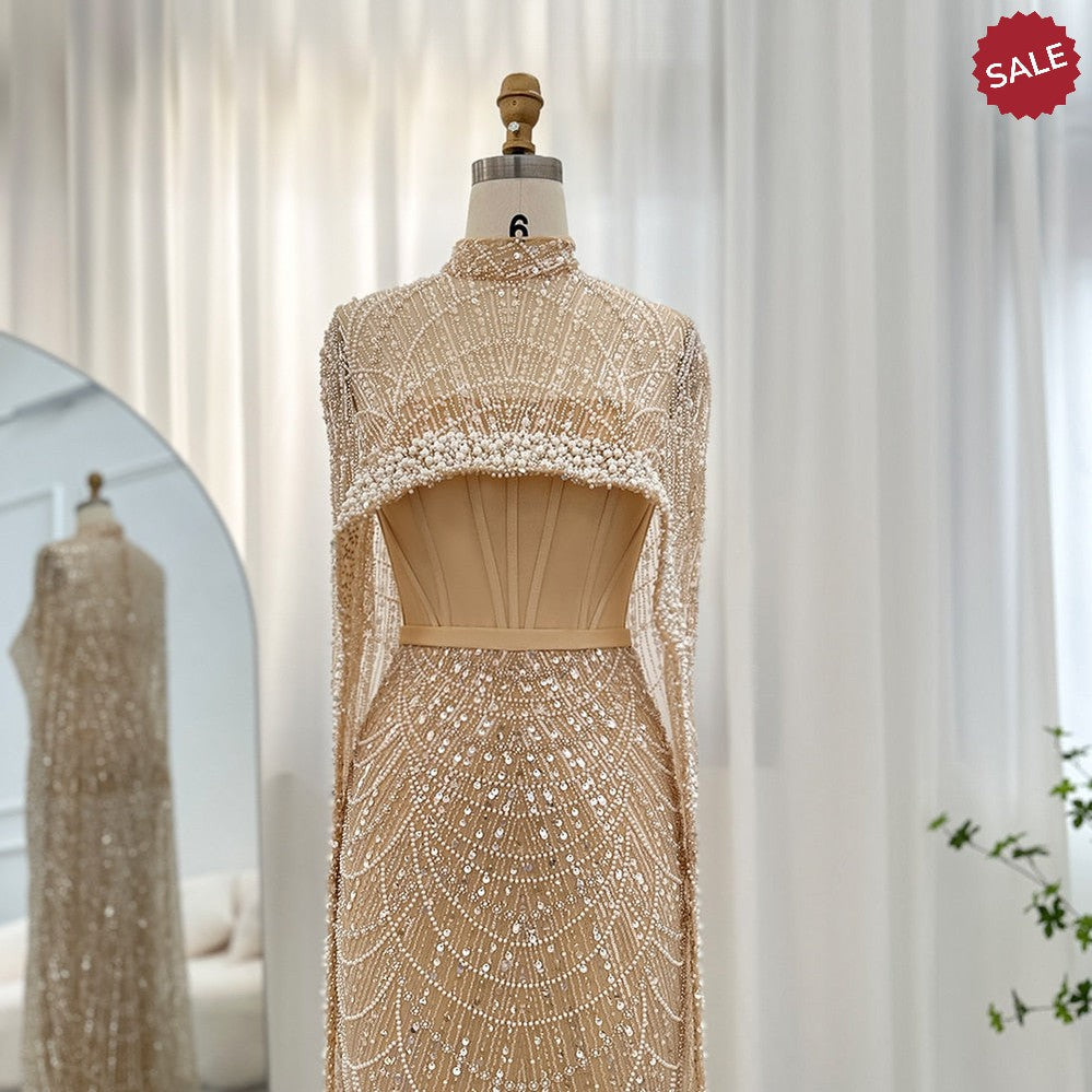 Luxury Pearls Dubai Champagne Evening Dresses with Cape 2023 New Arabic Women Mermaid Wedding Party Prom Dress SS369