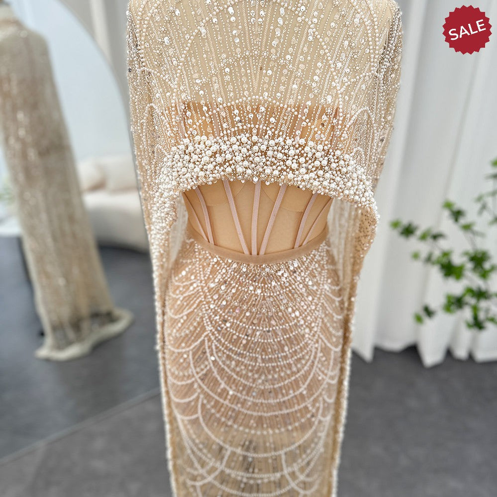 Luxury Pearls Dubai Champagne Evening Dresses with Cape 2023 New Arabic Women Mermaid Wedding Party Prom Dress SS369