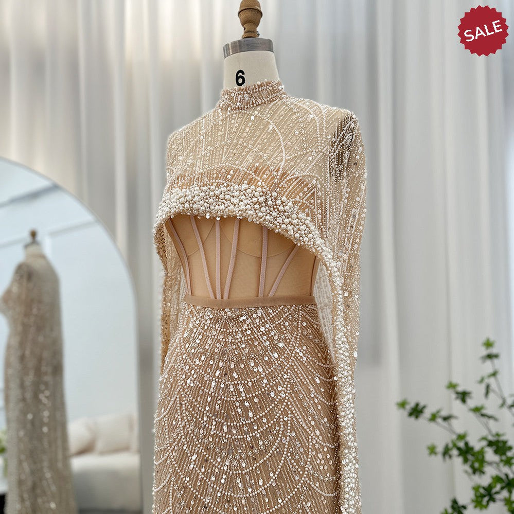 Luxury Pearls Dubai Champagne Evening Dresses with Cape 2023 New Arabic Women Mermaid Wedding Party Prom Dress SS369