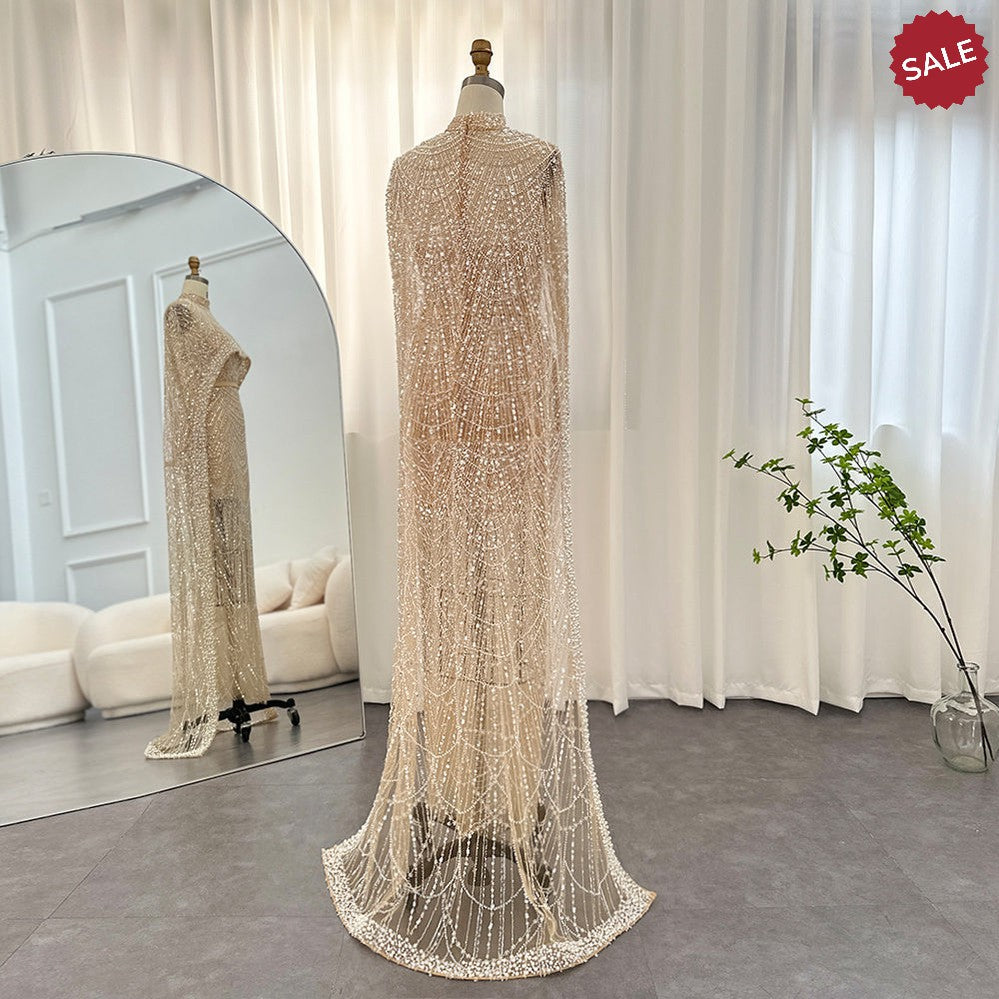 Luxury Pearls Dubai Champagne Evening Dresses with Cape 2023 New Arabic Women Mermaid Wedding Party Prom Dress SS369