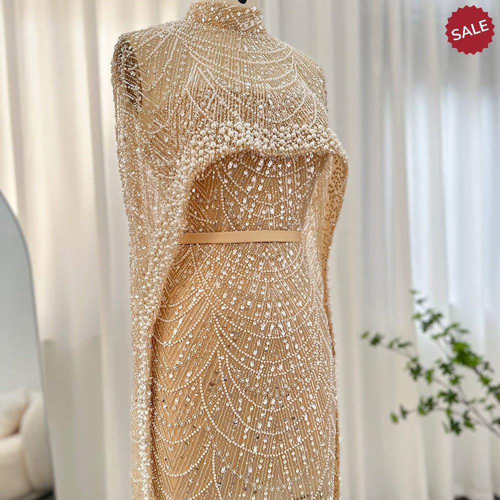 Luxury Pearls Dubai Champagne Evening Dresses with Cape 2023 New Arabic Women Mermaid Wedding Party Prom Dress SS369