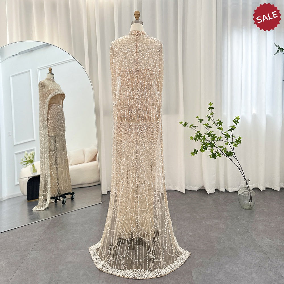Luxury Pearls Dubai Champagne Evening Dresses with Cape 2023 New Arabic Women Mermaid Wedding Party Prom Dress SS369