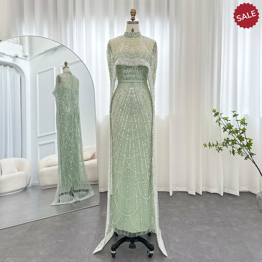 Luxury Pearls Dubai Champagne Evening Dresses with Cape 2023 New Arabic Women Mermaid Wedding Party Prom Dress SS369
