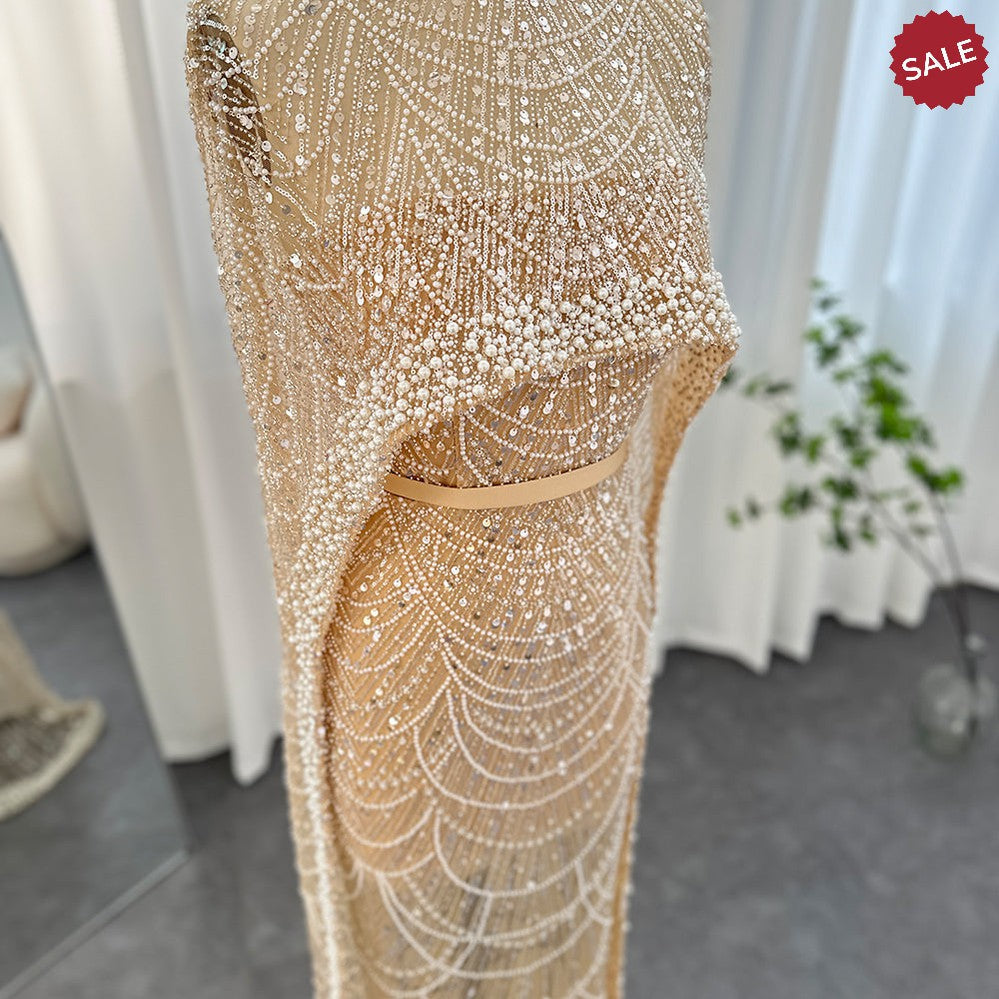 Luxury Pearls Dubai Champagne Evening Dresses with Cape 2023 New Arabic Women Mermaid Wedding Party Prom Dress SS369