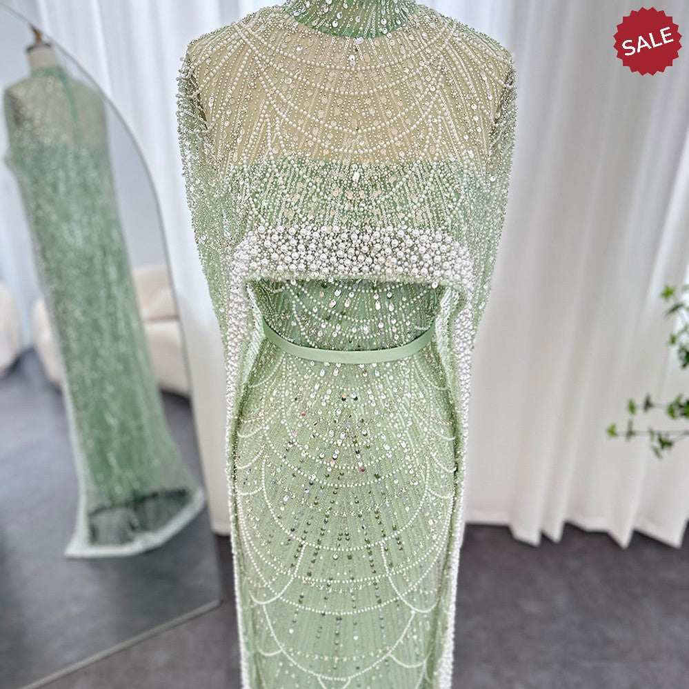 Luxury Pearls Dubai Champagne Evening Dresses with Cape 2023 New Arabic Women Mermaid Wedding Party Prom Dress SS369