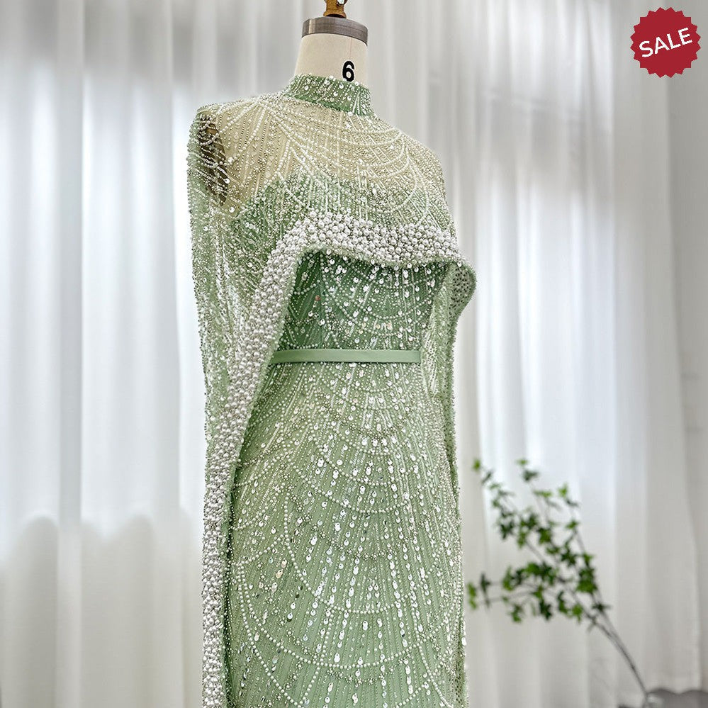Luxury Pearls Dubai Champagne Evening Dresses with Cape 2023 New Arabic Women Mermaid Wedding Party Prom Dress SS369