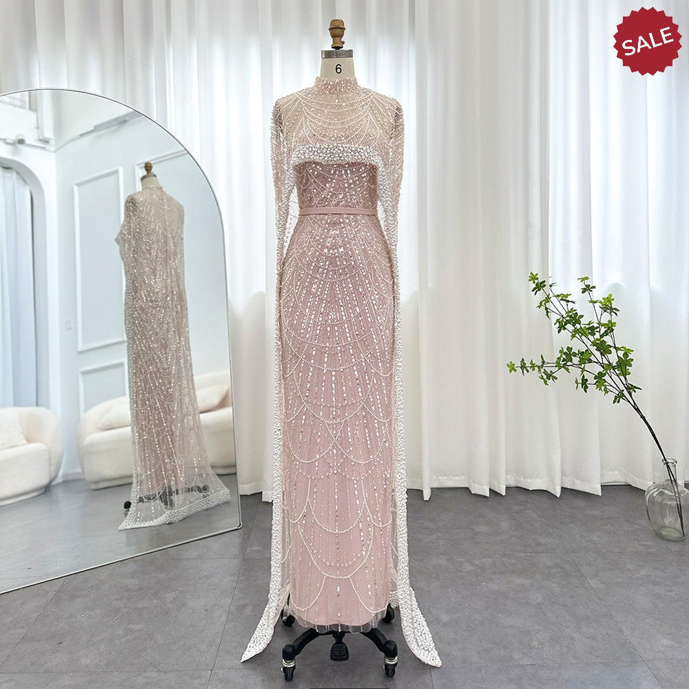 Luxury Pearls Dubai Champagne Evening Dresses with Cape 2023 New Arabic Women Mermaid Wedding Party Prom Dress SS369