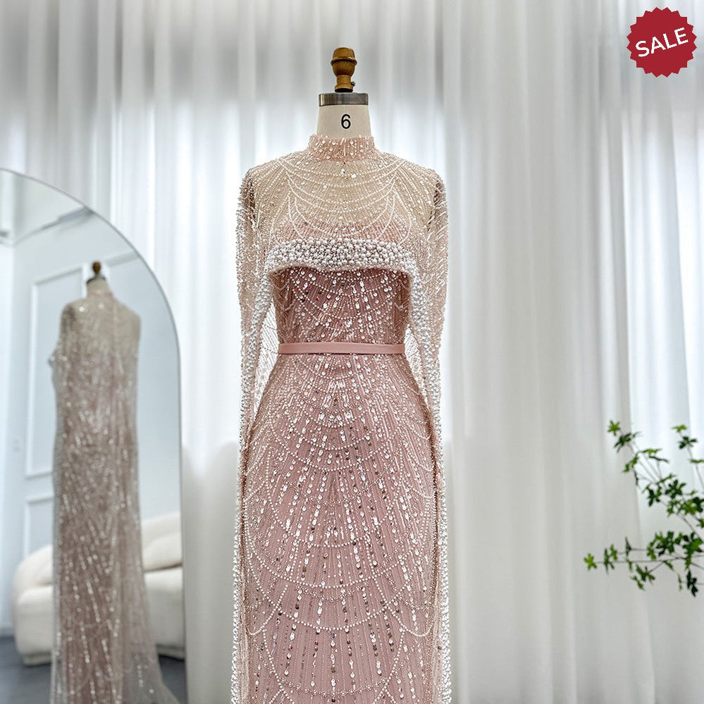 Luxury Pearls Dubai Champagne Evening Dresses with Cape 2023 New Arabic Women Mermaid Wedding Party Prom Dress SS369