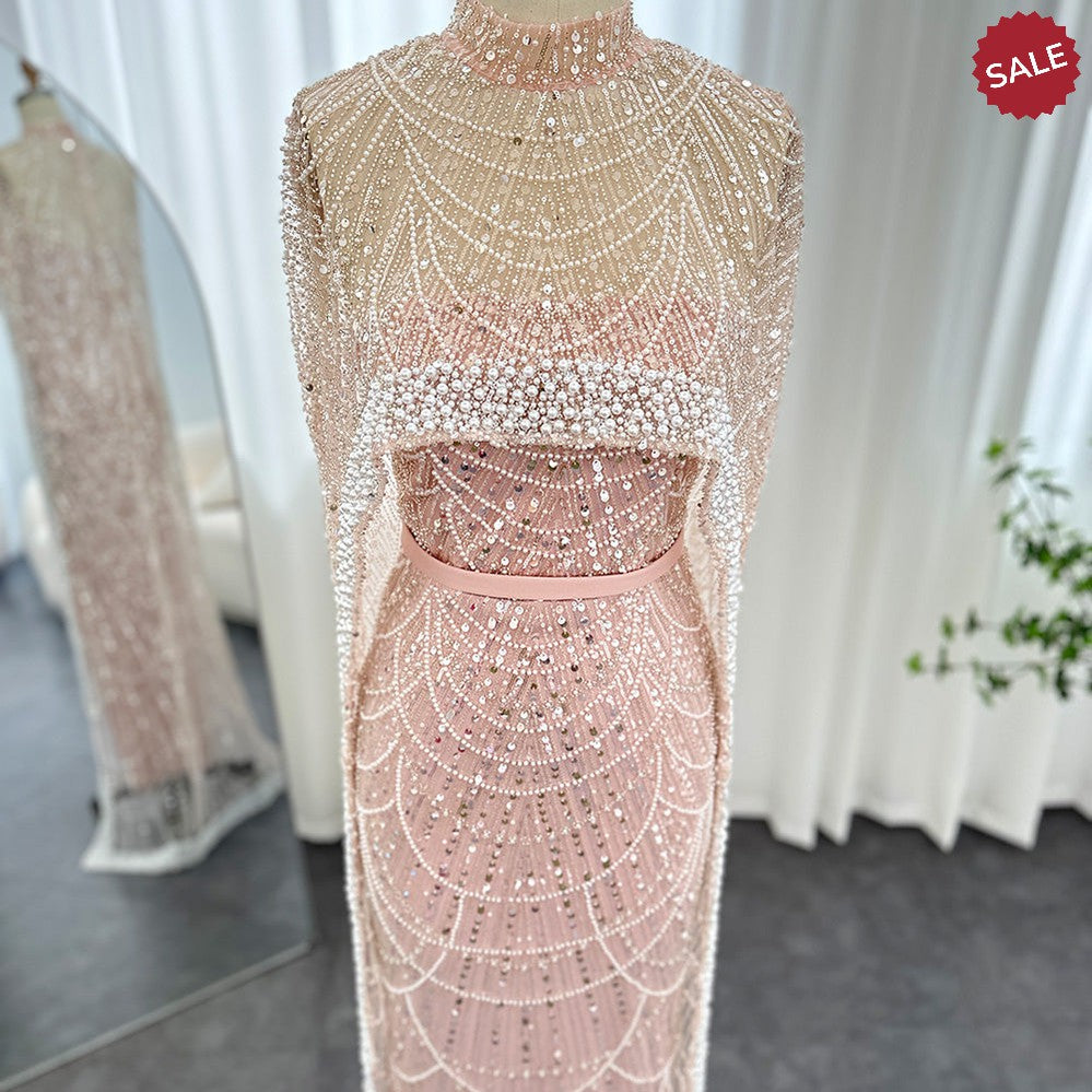 Luxury Pearls Dubai Champagne Evening Dresses with Cape 2023 New Arabic Women Mermaid Wedding Party Prom Dress SS369