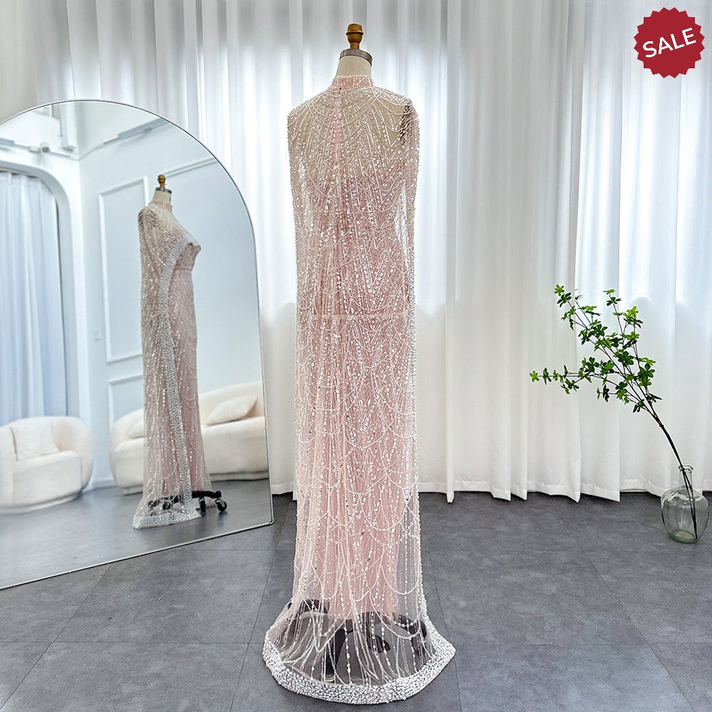 Luxury Pearls Dubai Champagne Evening Dresses with Cape 2023 New Arabic Women Mermaid Wedding Party Prom Dress SS369
