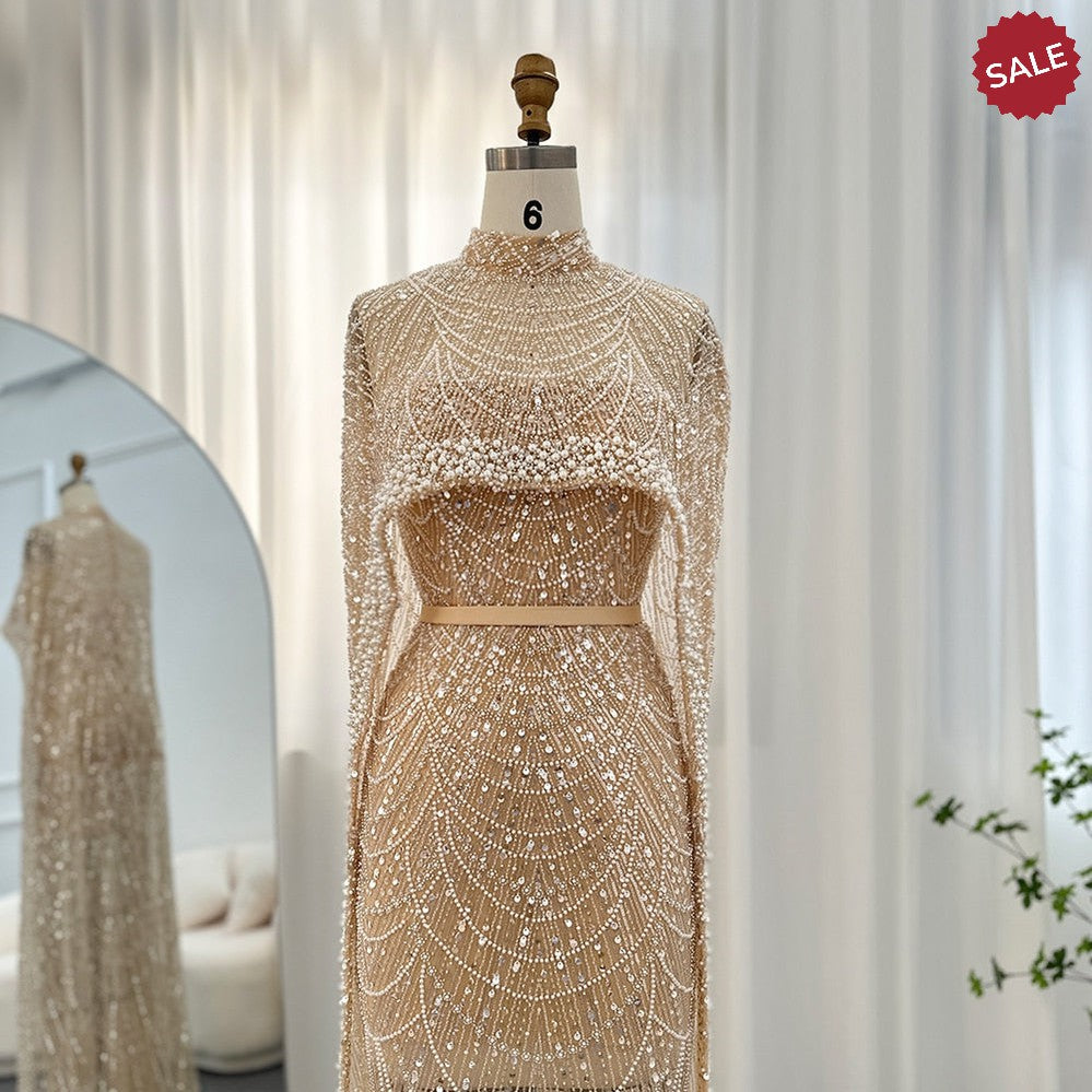 Luxury Pearls Dubai Champagne Evening Dresses with Cape 2023 New Arabic Women Mermaid Wedding Party Prom Dress SS369