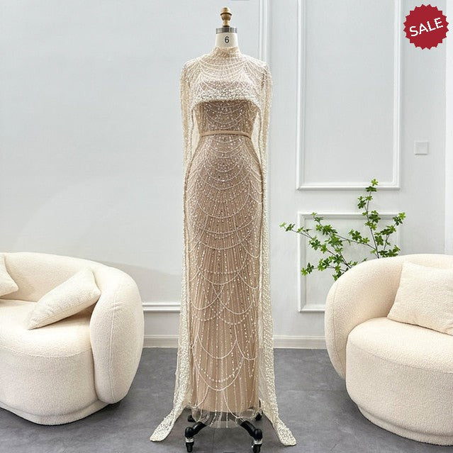 Luxury Pearls Dubai Champagne Evening Dresses with Cape 2023 New Arabic Women Mermaid Wedding Party Prom Dress SS369