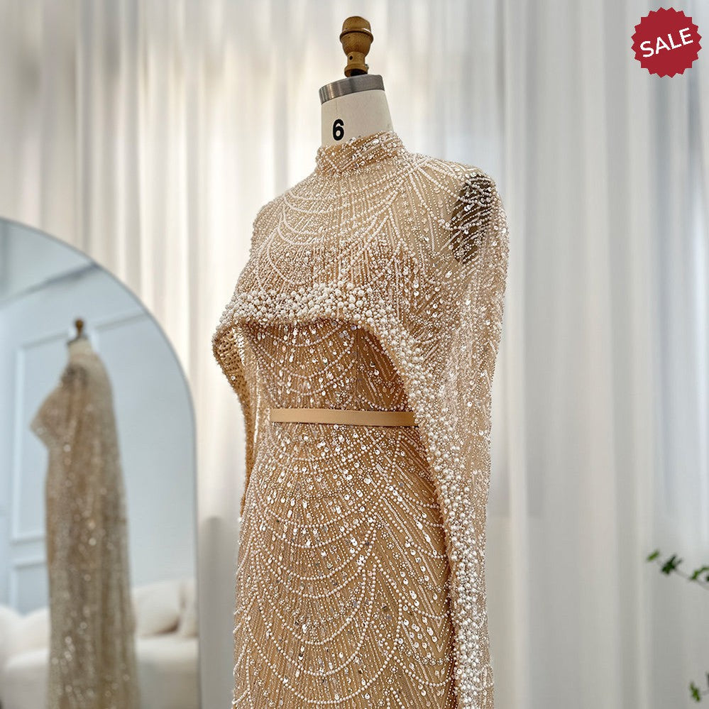 Luxury Pearls Dubai Champagne Evening Dresses with Cape 2023 New Arabic Women Mermaid Wedding Party Prom Dress SS369