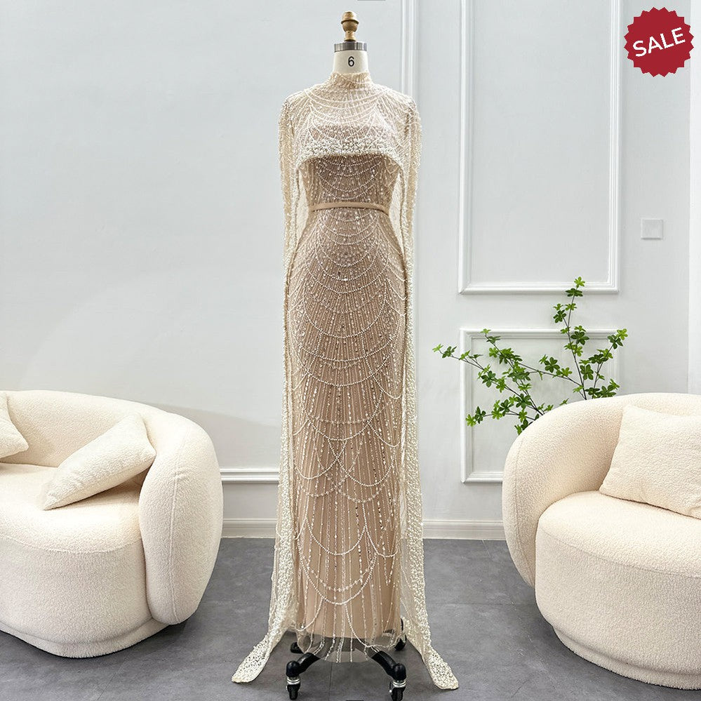 Luxury Pearls Dubai Champagne Evening Dresses with Cape 2023 New Arabic Women Mermaid Wedding Party Prom Dress SS369