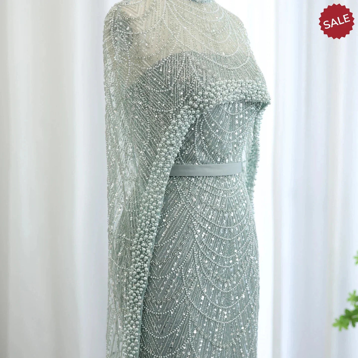 Luxury Pearls Dubai Champagne Evening Dresses with Cape 2023 New Arabic Women Mermaid Wedding Party Prom Dress SS369