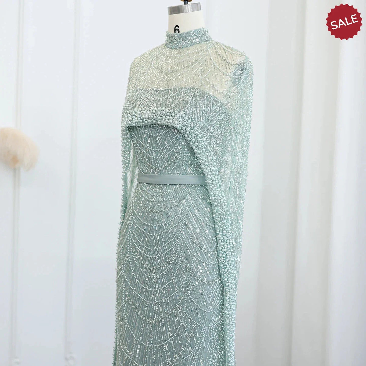 Luxury Pearls Dubai Champagne Evening Dresses with Cape 2023 New Arabic Women Mermaid Wedding Party Prom Dress SS369
