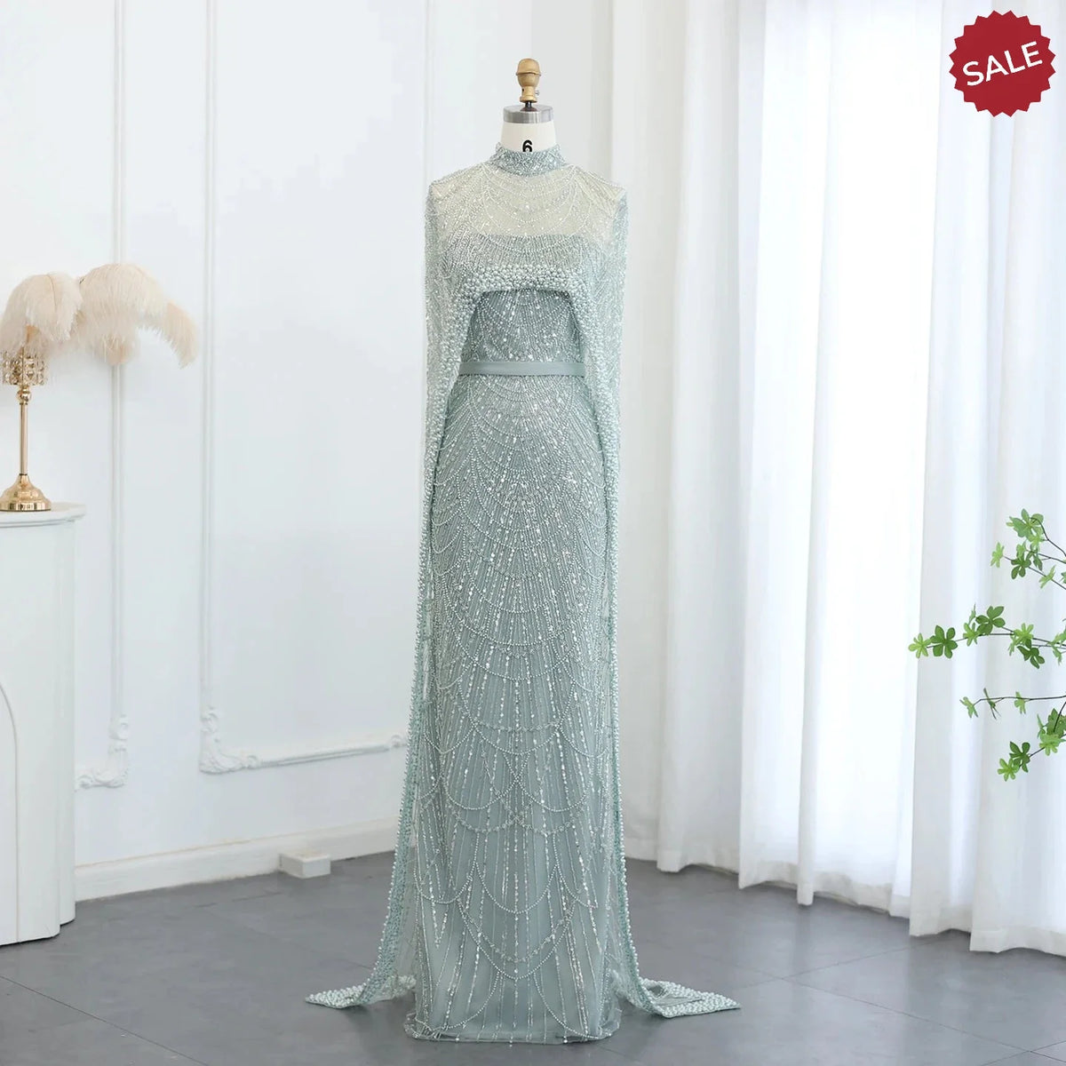 Luxury Pearls Dubai Champagne Evening Dresses with Cape 2023 New Arabic Women Mermaid Wedding Party Prom Dress SS369