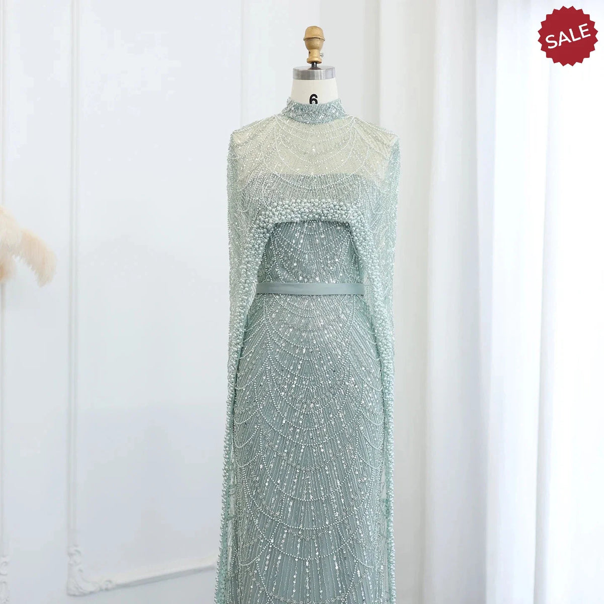 Luxury Pearls Dubai Champagne Evening Dresses with Cape 2023 New Arabic Women Mermaid Wedding Party Prom Dress SS369