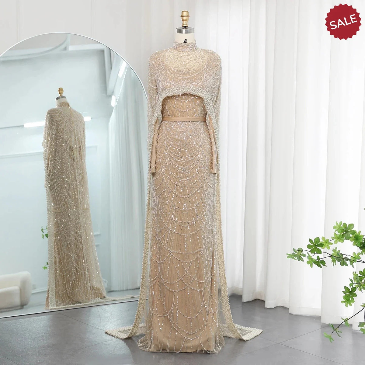 Luxury Pearls Dubai Champagne Evening Dresses with Cape 2023 New Arabic Women Mermaid Wedding Party Prom Dress SS369