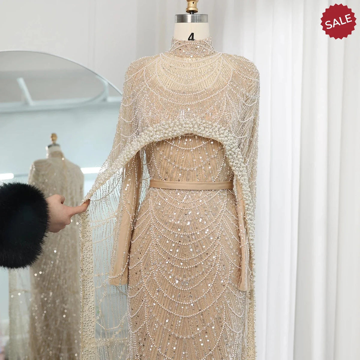 Luxury Pearls Dubai Champagne Evening Dresses with Cape 2023 New Arabic Women Mermaid Wedding Party Prom Dress SS369