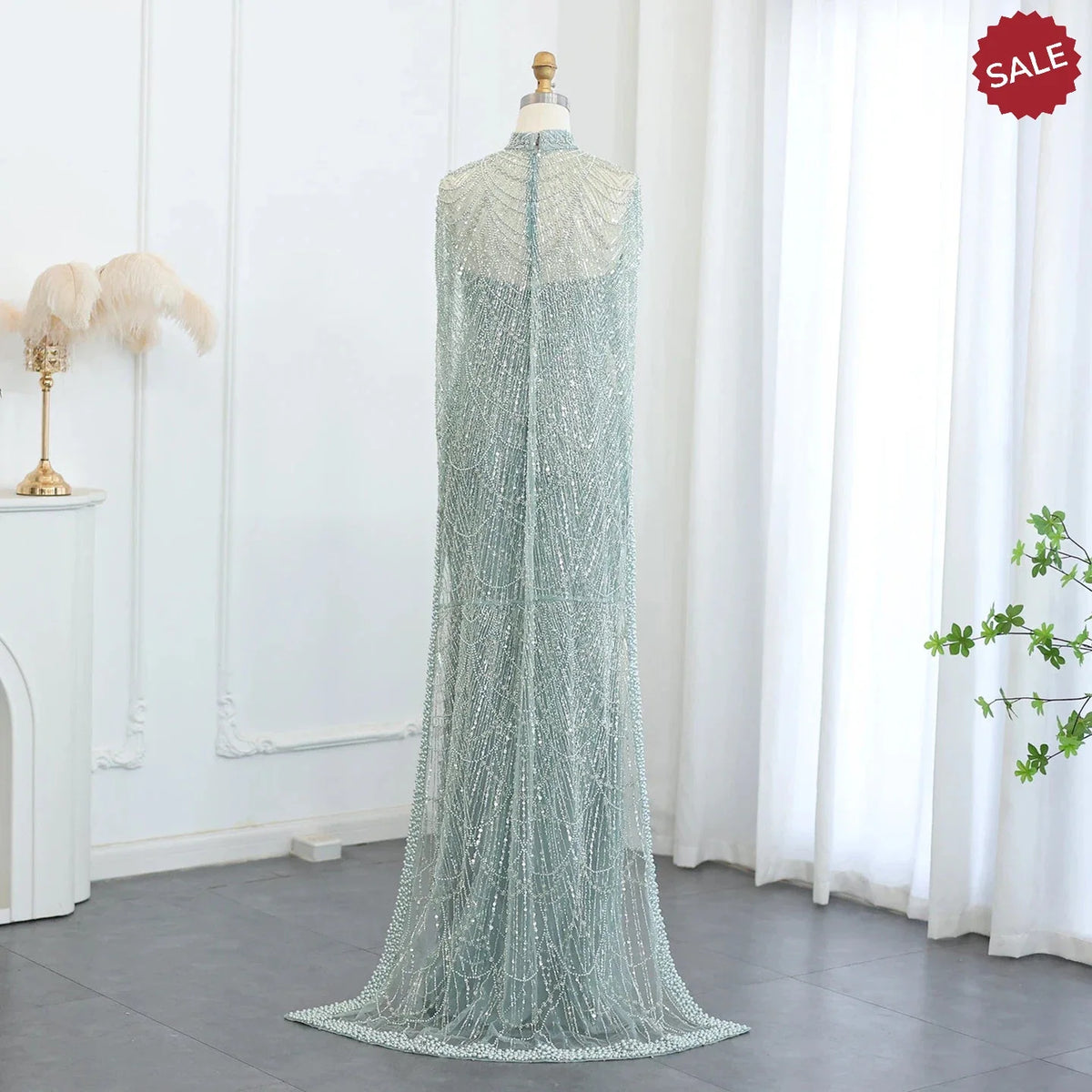 Luxury Pearls Dubai Champagne Evening Dresses with Cape 2023 New Arabic Women Mermaid Wedding Party Prom Dress SS369
