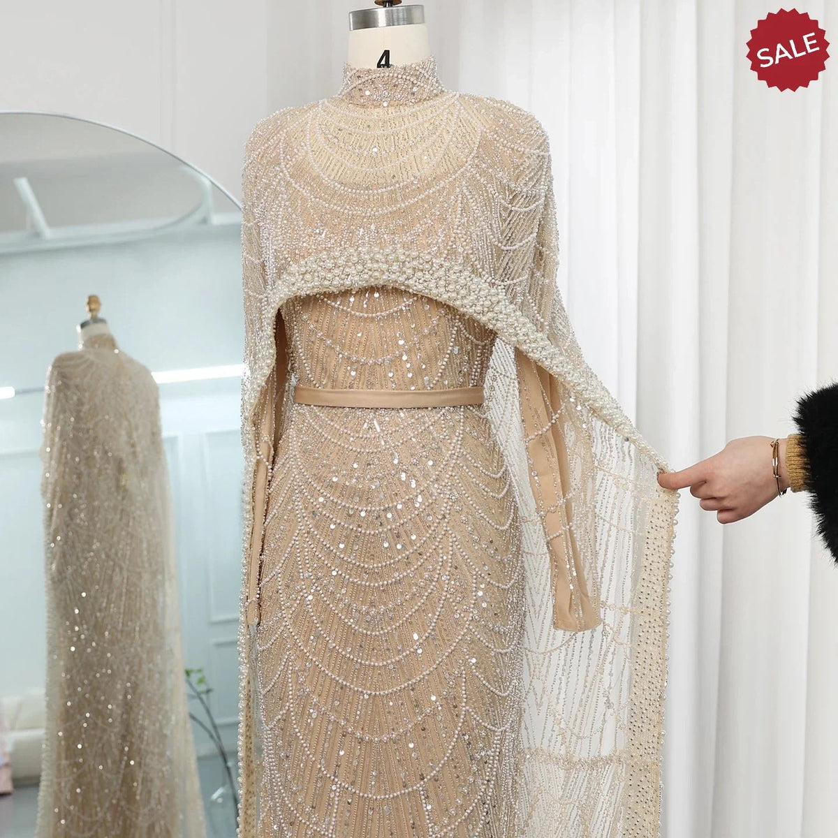 Luxury Pearls Dubai Champagne Evening Dresses with Cape 2023 New Arabic Women Mermaid Wedding Party Prom Dress SS369