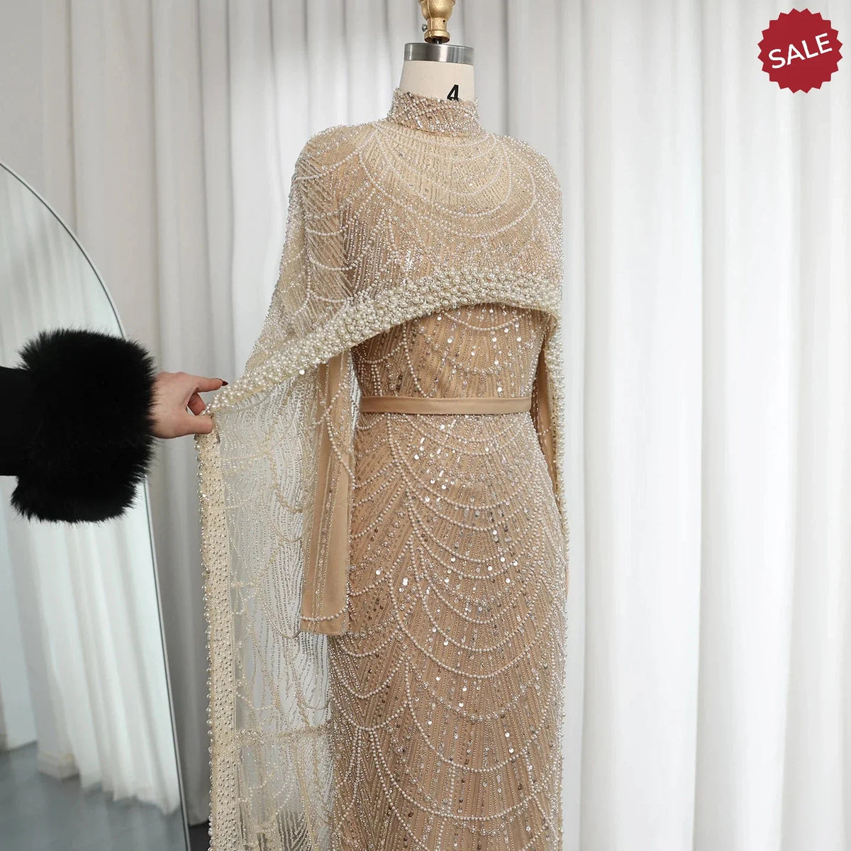 Luxury Pearls Dubai Champagne Evening Dresses with Cape 2023 New Arabic Women Mermaid Wedding Party Prom Dress SS369