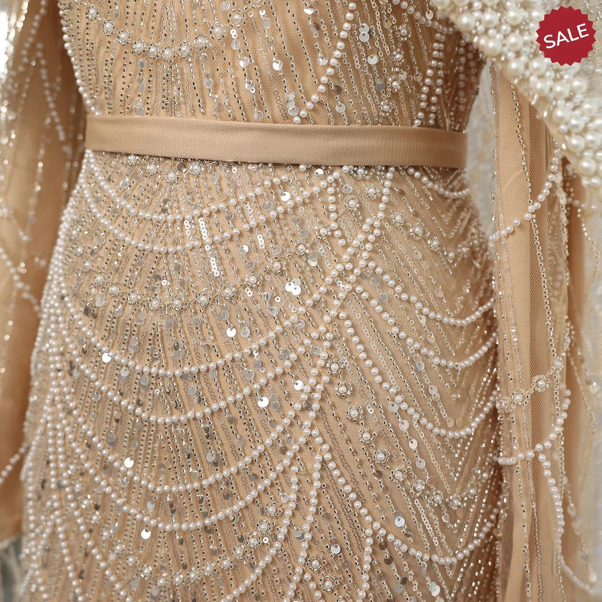 Luxury Pearls Dubai Champagne Evening Dresses with Cape 2023 New Arabic Women Mermaid Wedding Party Prom Dress SS369