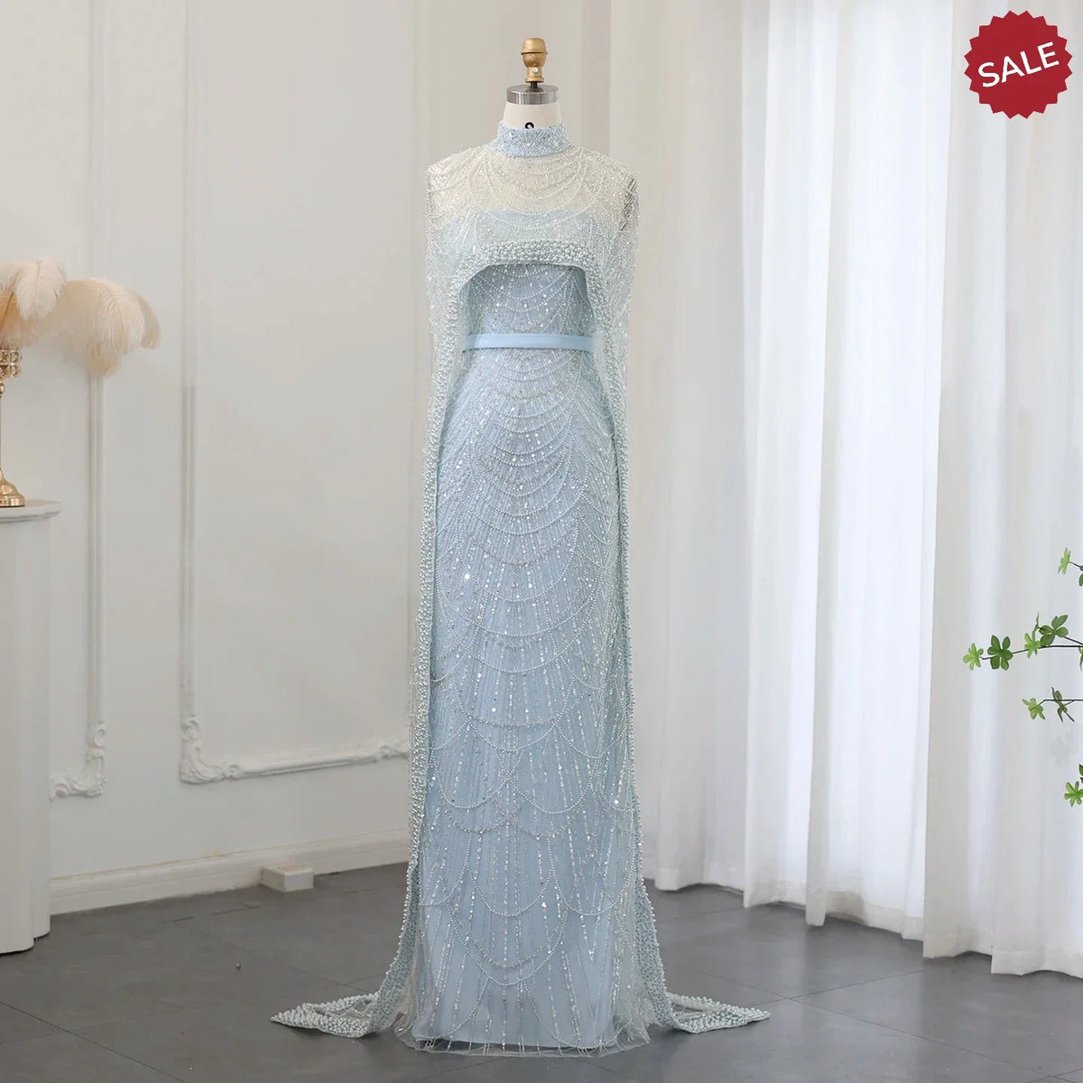 Luxury Pearls Dubai Champagne Evening Dresses with Cape 2023 New Arabic Women Mermaid Wedding Party Prom Dress SS369