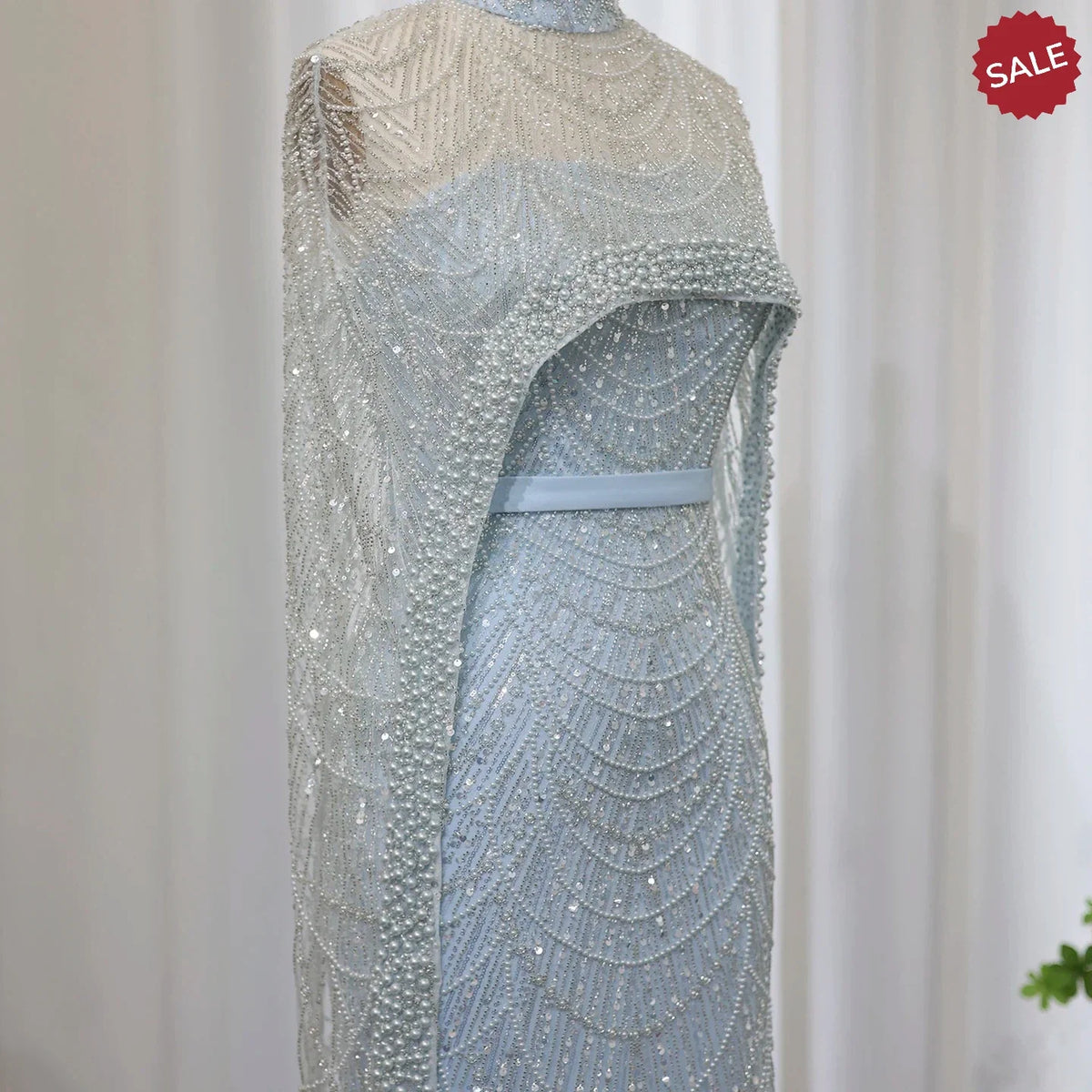 Luxury Pearls Dubai Champagne Evening Dresses with Cape 2023 New Arabic Women Mermaid Wedding Party Prom Dress SS369