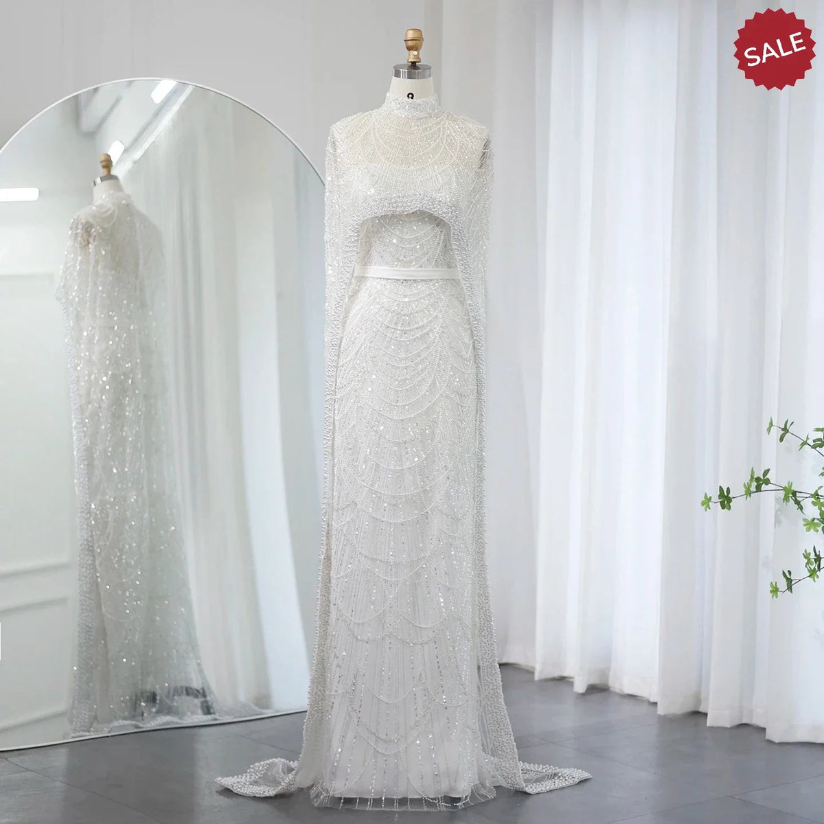 Luxury Pearls Dubai Champagne Evening Dresses with Cape 2023 New Arabic Women Mermaid Wedding Party Prom Dress SS369