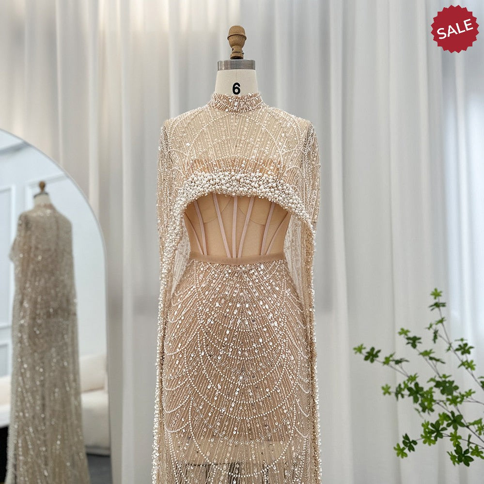 Luxury Pearls Dubai Champagne Evening Dresses with Cape 2023 New Arabic Women Mermaid Wedding Party Prom Dress SS369