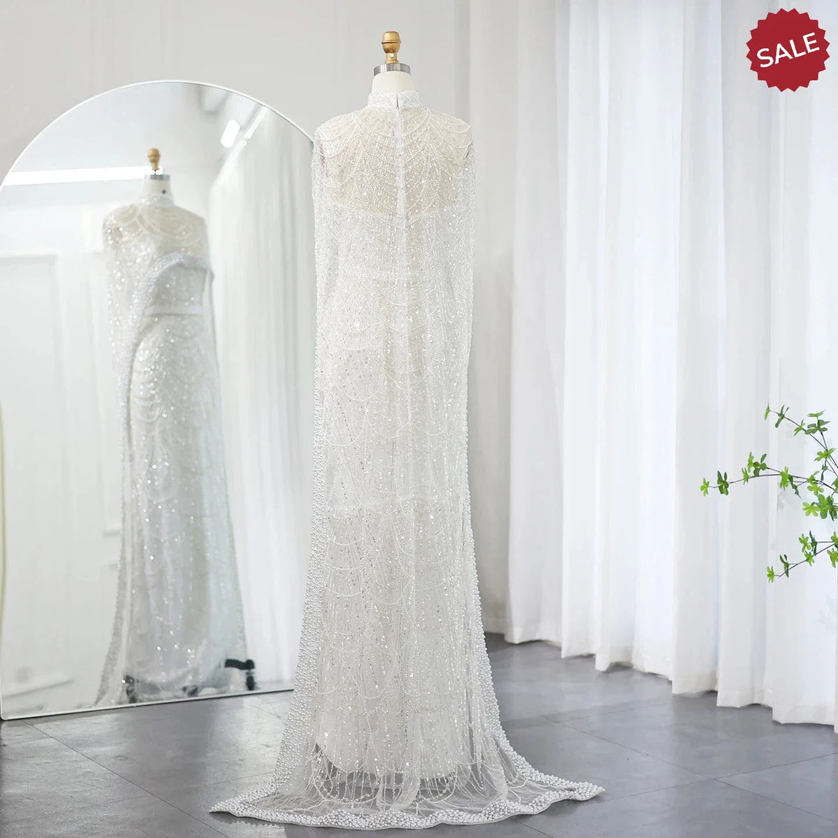 Luxury Pearls Dubai Champagne Evening Dresses with Cape 2023 New Arabic Women Mermaid Wedding Party Prom Dress SS369
