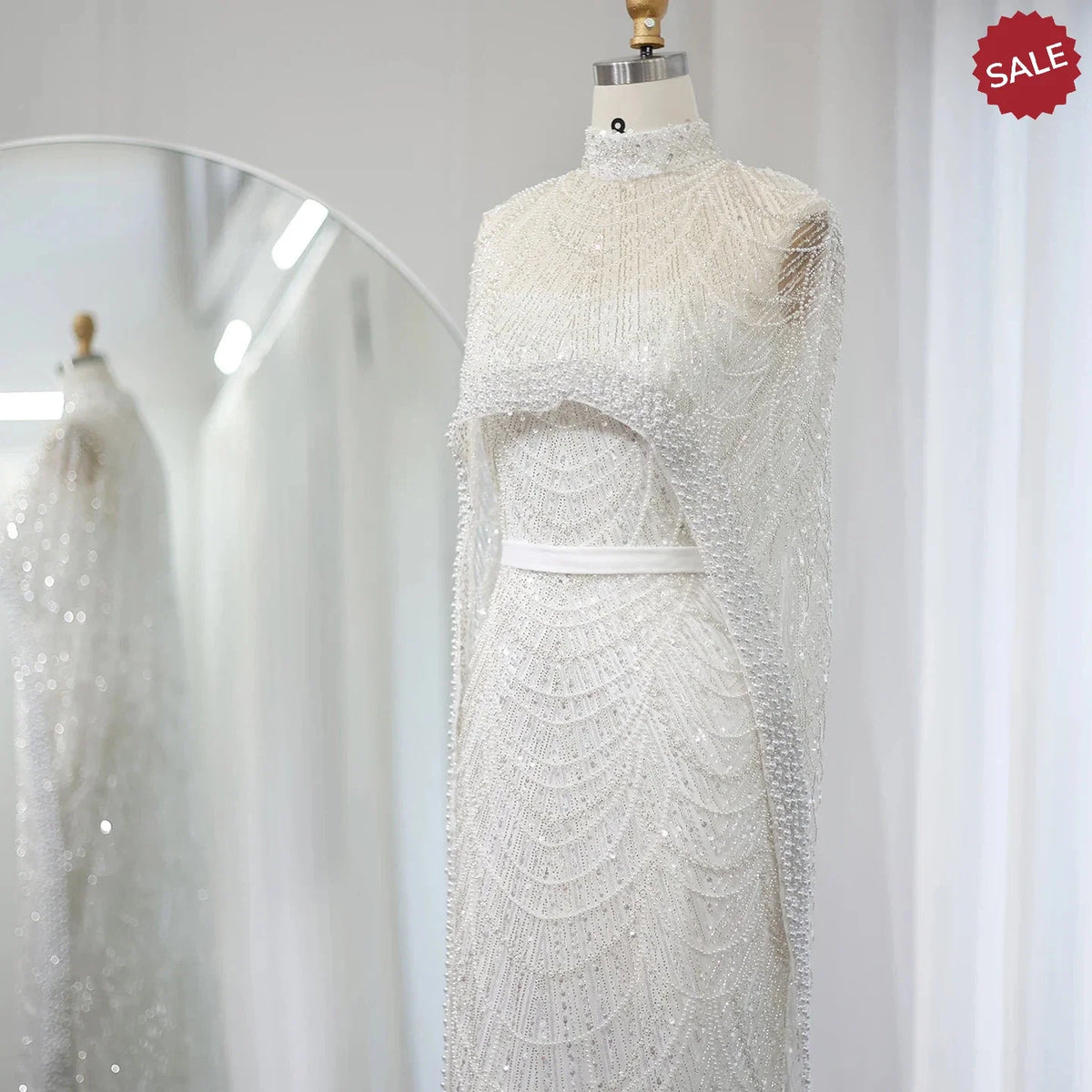 Luxury Pearls Dubai Champagne Evening Dresses with Cape 2023 New Arabic Women Mermaid Wedding Party Prom Dress SS369