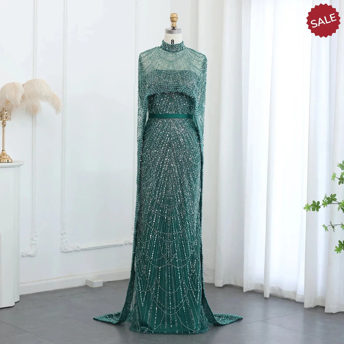 Luxury Pearls Dubai Champagne Evening Dresses with Cape 2023 New Arabic Women Mermaid Wedding Party Prom Dress SS369