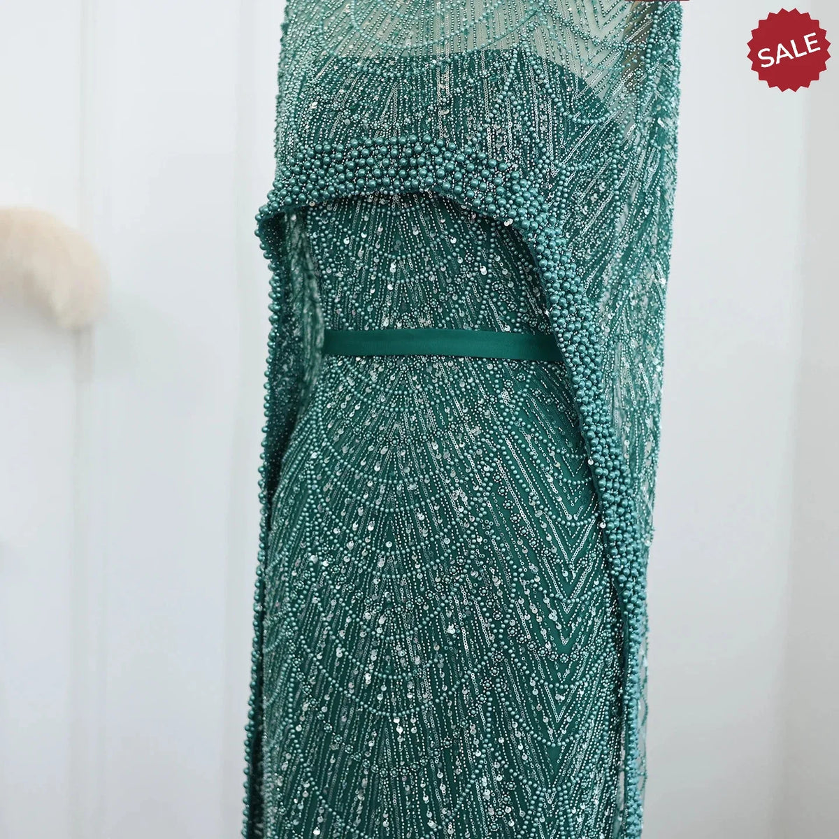 Luxury Pearls Dubai Champagne Evening Dresses with Cape 2023 New Arabic Women Mermaid Wedding Party Prom Dress SS369