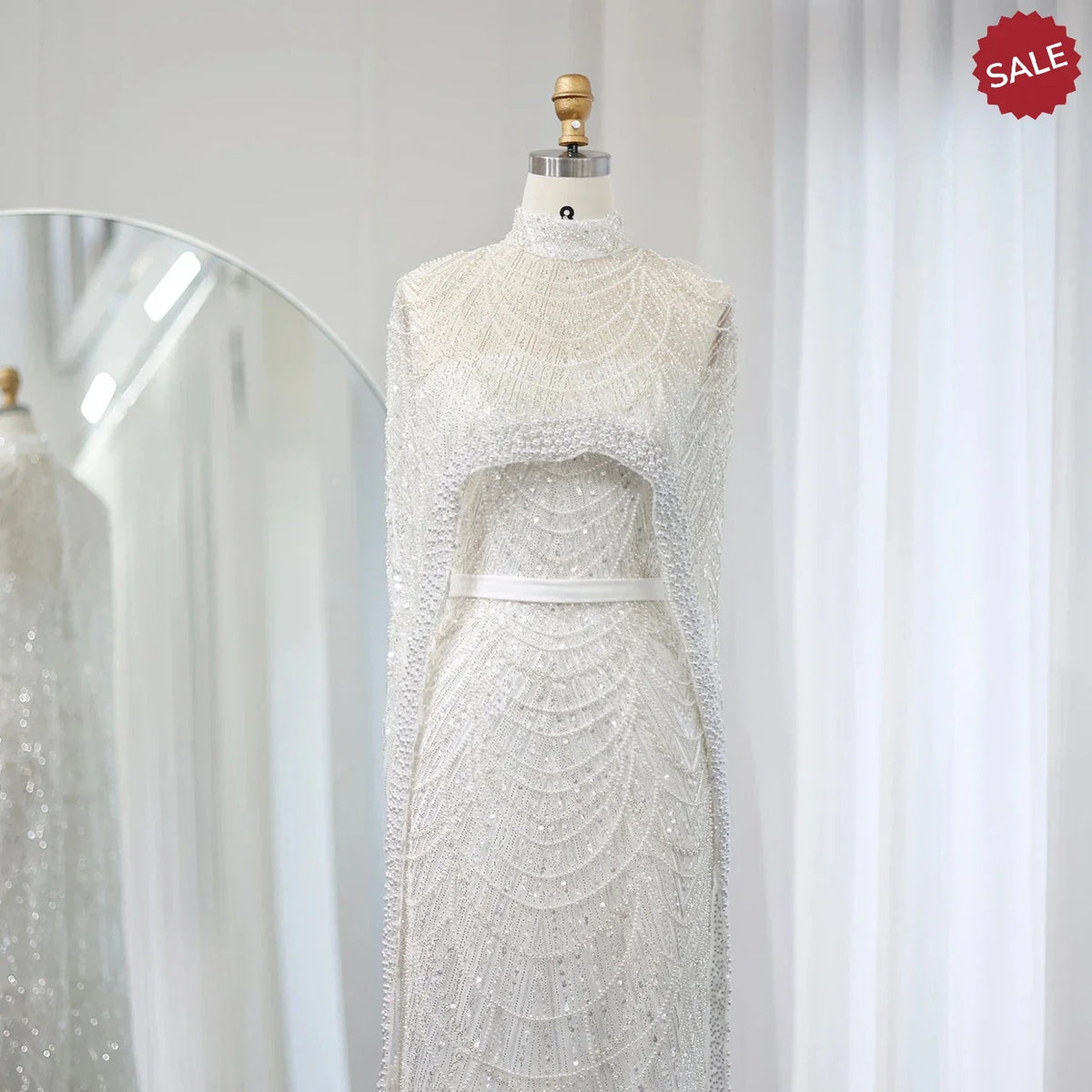 Luxury Pearls Dubai Champagne Evening Dresses with Cape 2023 New Arabic Women Mermaid Wedding Party Prom Dress SS369