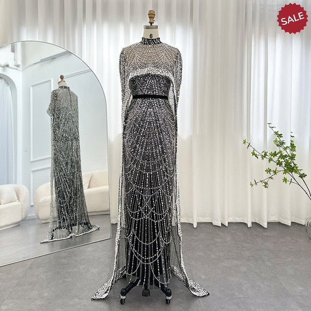 Luxury Pearls Dubai Champagne Evening Dresses with Cape 2023 New Arabic Women Mermaid Wedding Party Prom Dress SS369