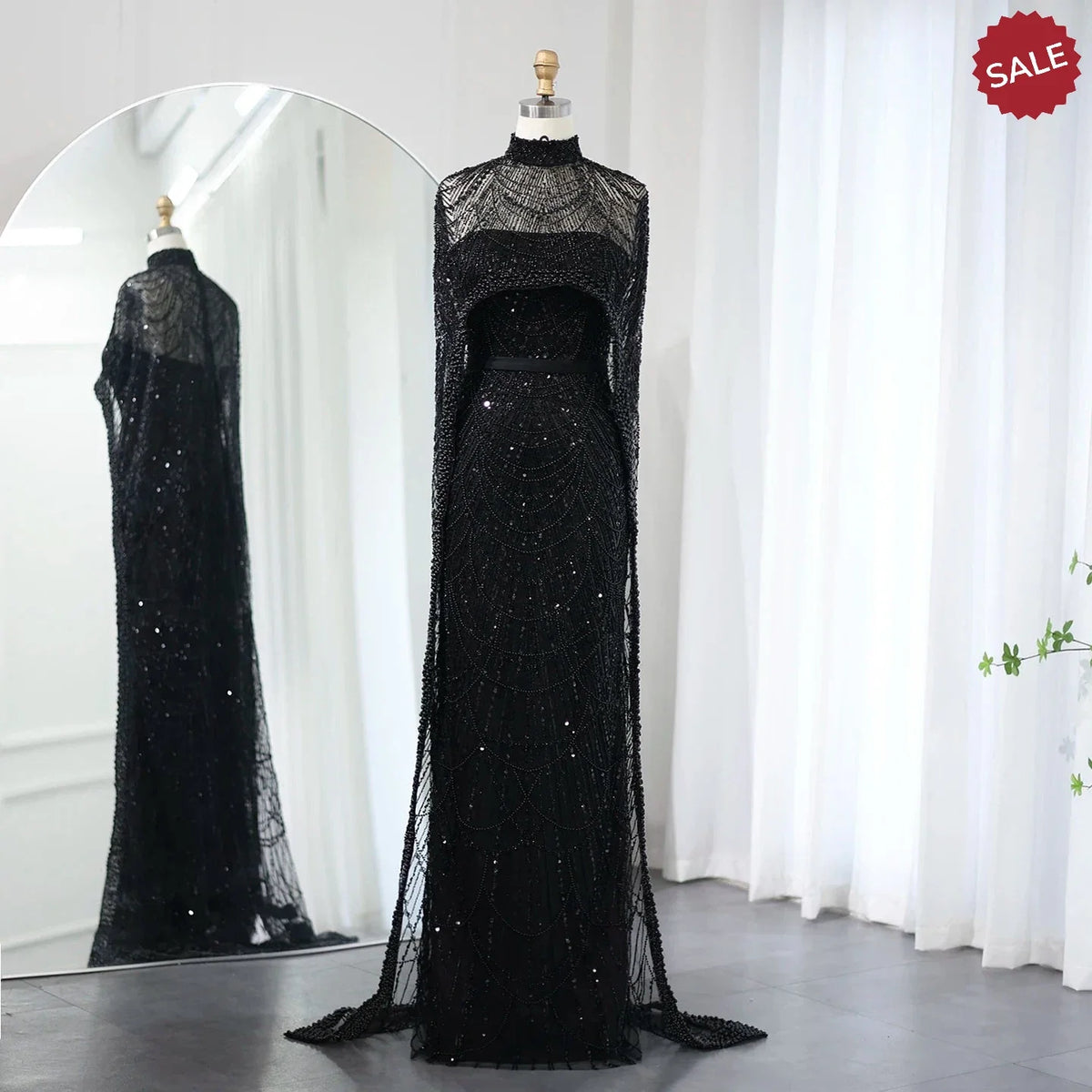 Luxury Pearls Dubai Champagne Evening Dresses with Cape 2023 New Arabic Women Mermaid Wedding Party Prom Dress SS369