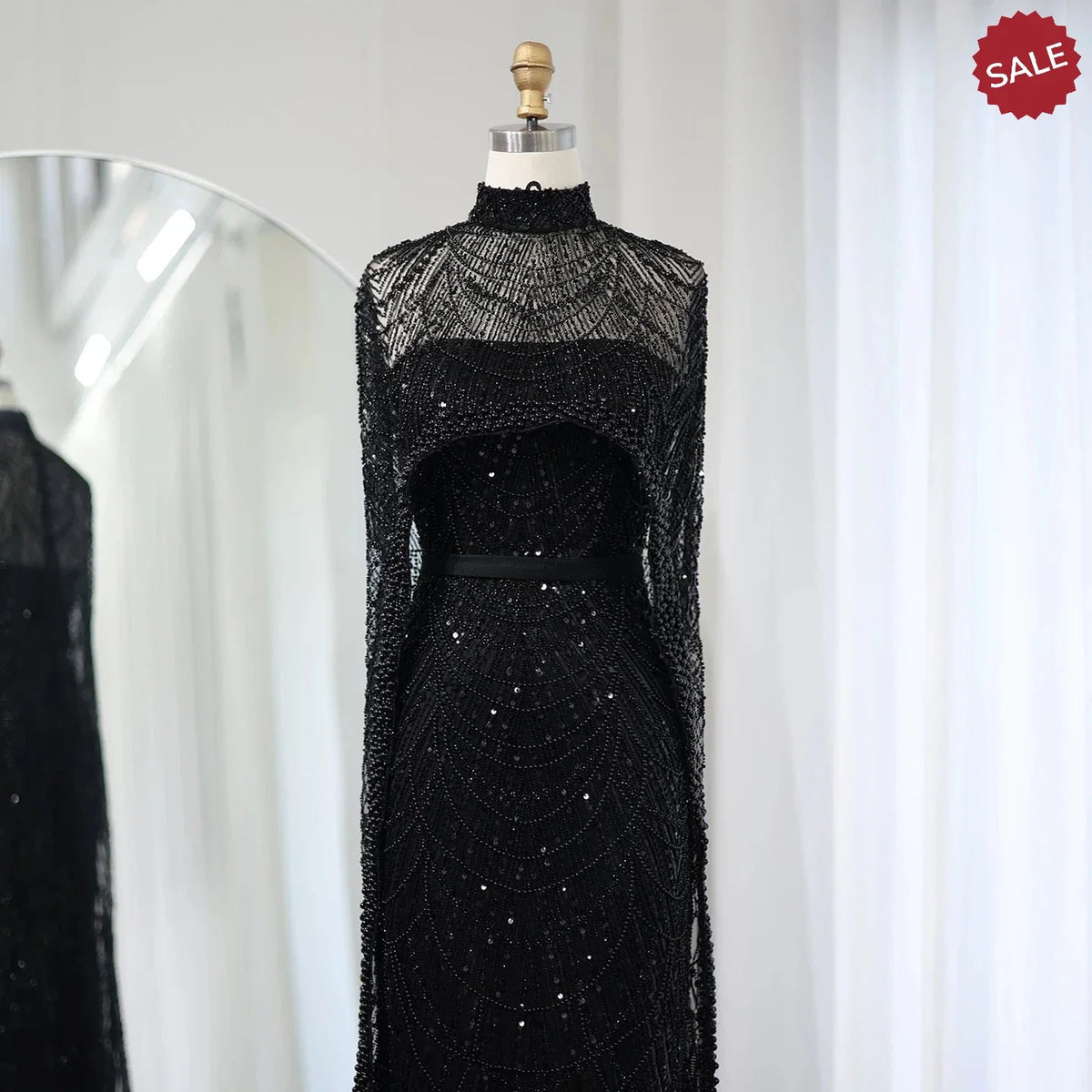 Luxury Pearls Dubai Champagne Evening Dresses with Cape 2023 New Arabic Women Mermaid Wedding Party Prom Dress SS369