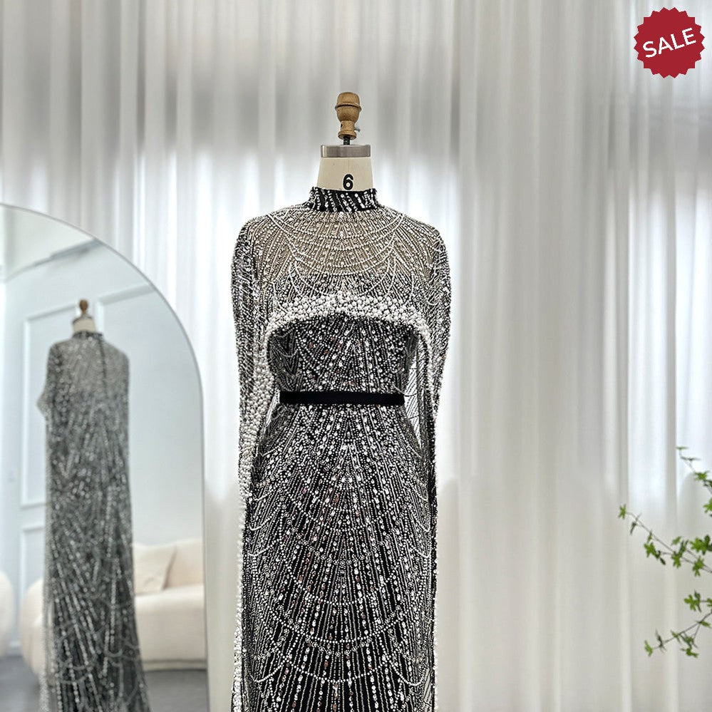 Luxury Pearls Dubai Champagne Evening Dresses with Cape 2023 New Arabic Women Mermaid Wedding Party Prom Dress SS369