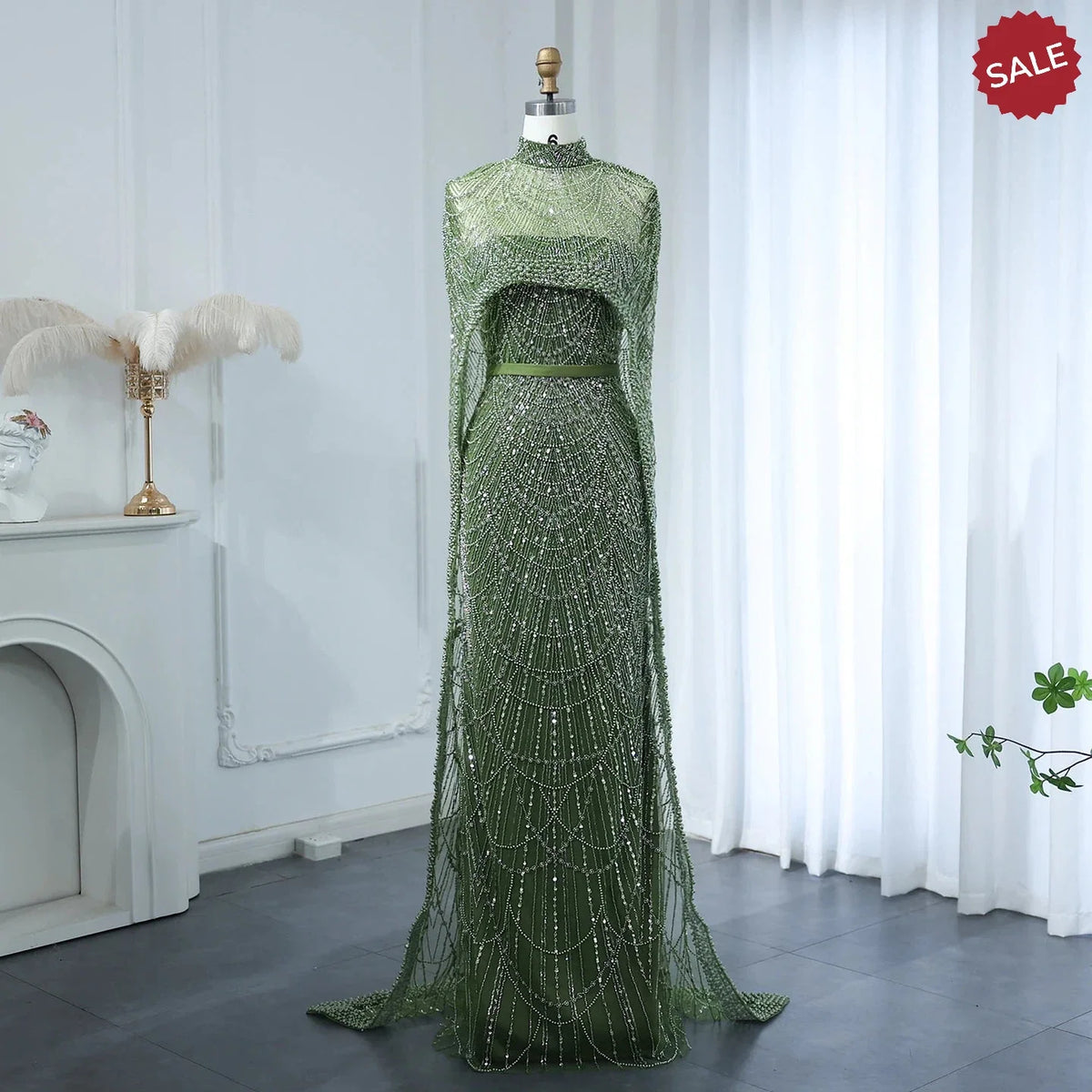 Luxury Pearls Dubai Champagne Evening Dresses with Cape 2023 New Arabic Women Mermaid Wedding Party Prom Dress SS369