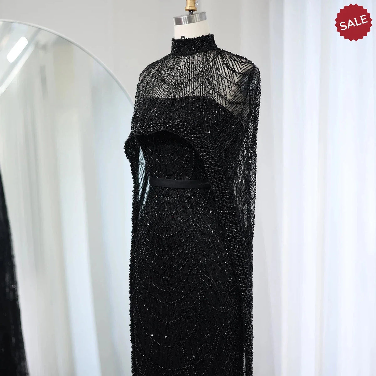 Luxury Pearls Dubai Champagne Evening Dresses with Cape 2023 New Arabic Women Mermaid Wedding Party Prom Dress SS369