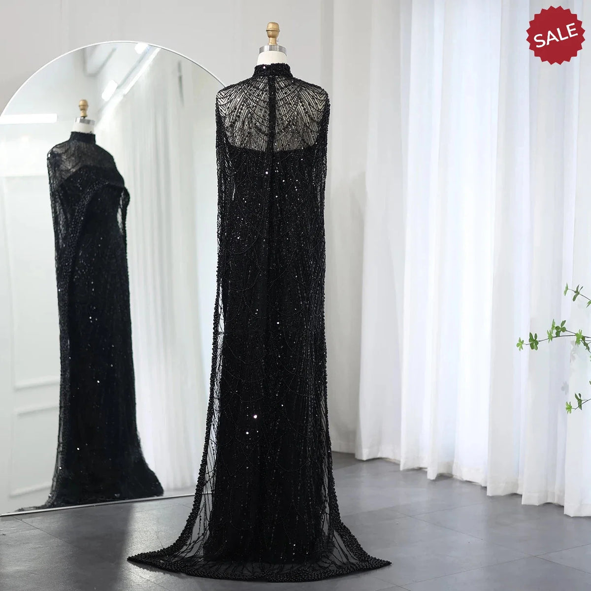 Luxury Pearls Dubai Champagne Evening Dresses with Cape 2023 New Arabic Women Mermaid Wedding Party Prom Dress SS369