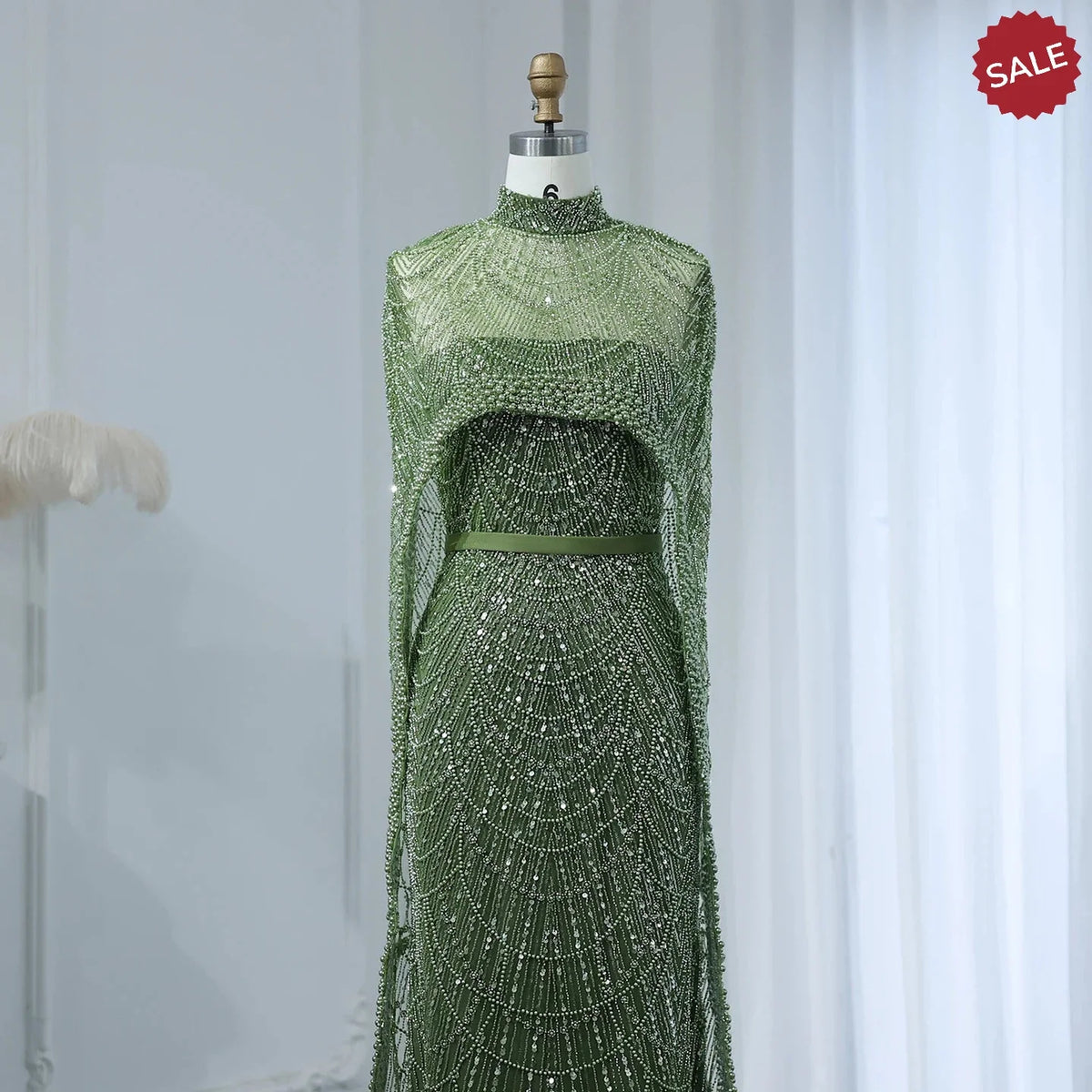 Luxury Pearls Dubai Champagne Evening Dresses with Cape 2023 New Arabic Women Mermaid Wedding Party Prom Dress SS369