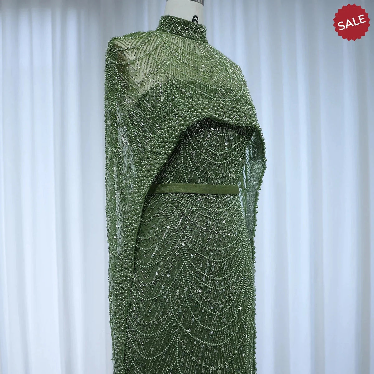 Luxury Pearls Dubai Champagne Evening Dresses with Cape 2023 New Arabic Women Mermaid Wedding Party Prom Dress SS369