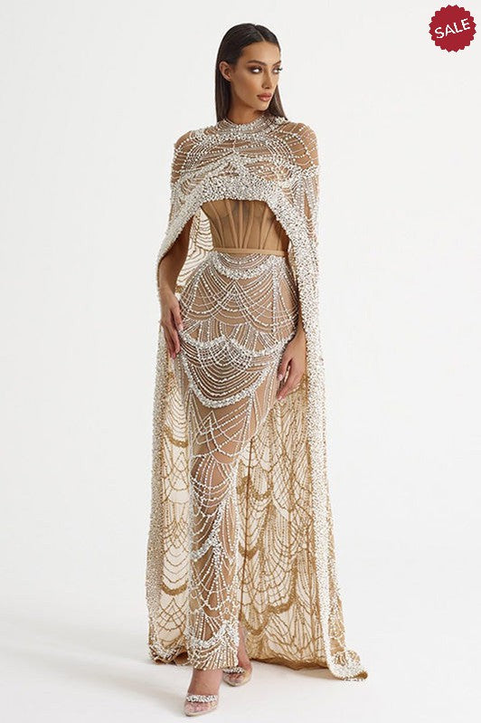 Luxury Pearls Dubai Champagne Evening Dresses with Cape 2023 New Arabic Women Mermaid Wedding Party Prom Dress SS369